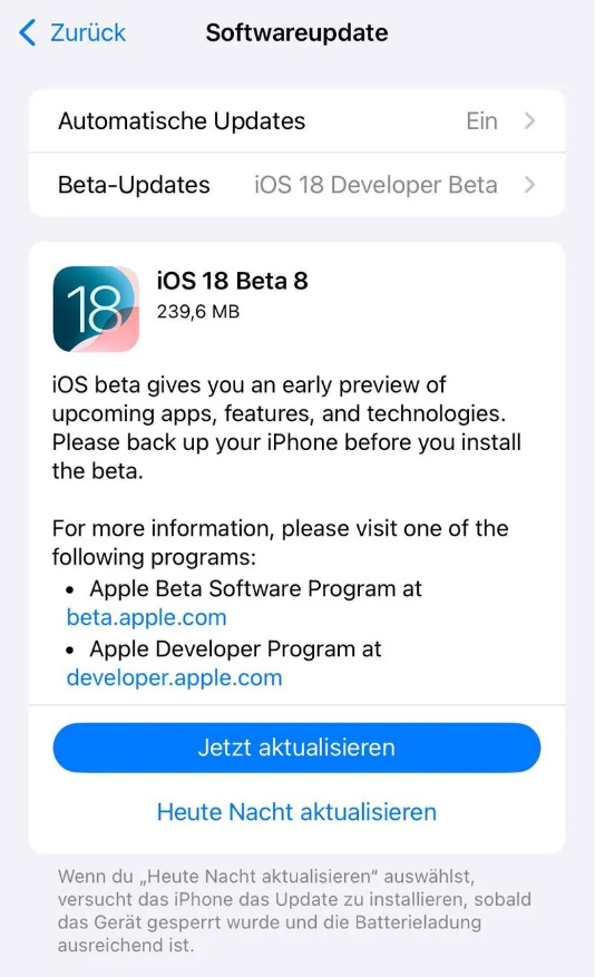 井陉矿苹果手机维修分享苹果 iOS / iPadOS 18 开发者预览版 Beta 8 发布 